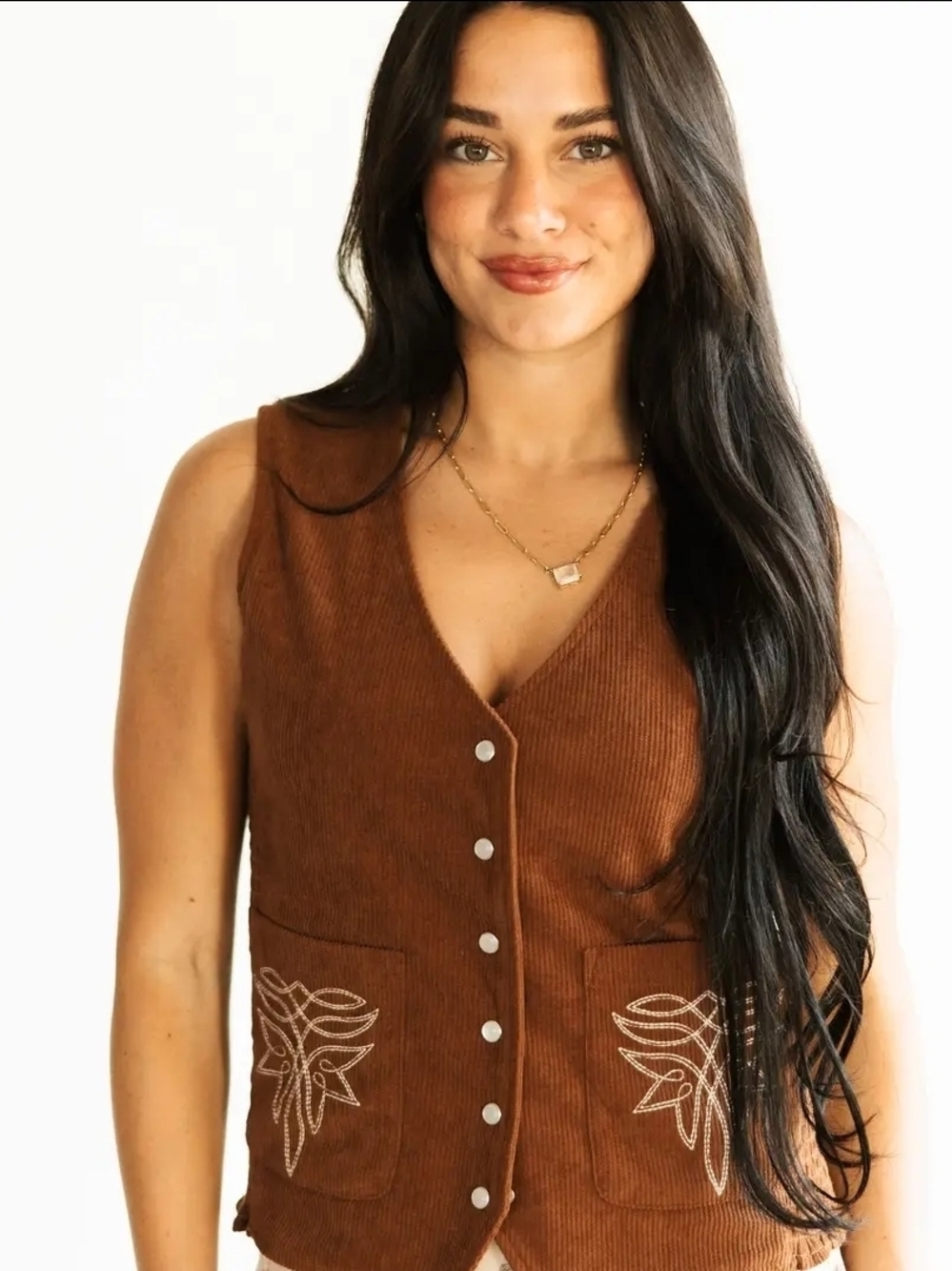 Brown Corduroy Button-Down Vest Top